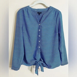 TALBOTS Petites Nautical Sailor Button Down Tie Front‎ V Neck Blouse Size MP